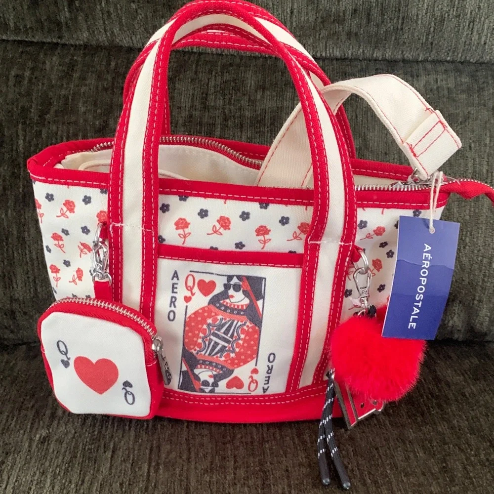 π- EXCLUSIVE! Aeropostale Red and Cream Queen Of Hearts Mini Tote - Picture 1 of 15